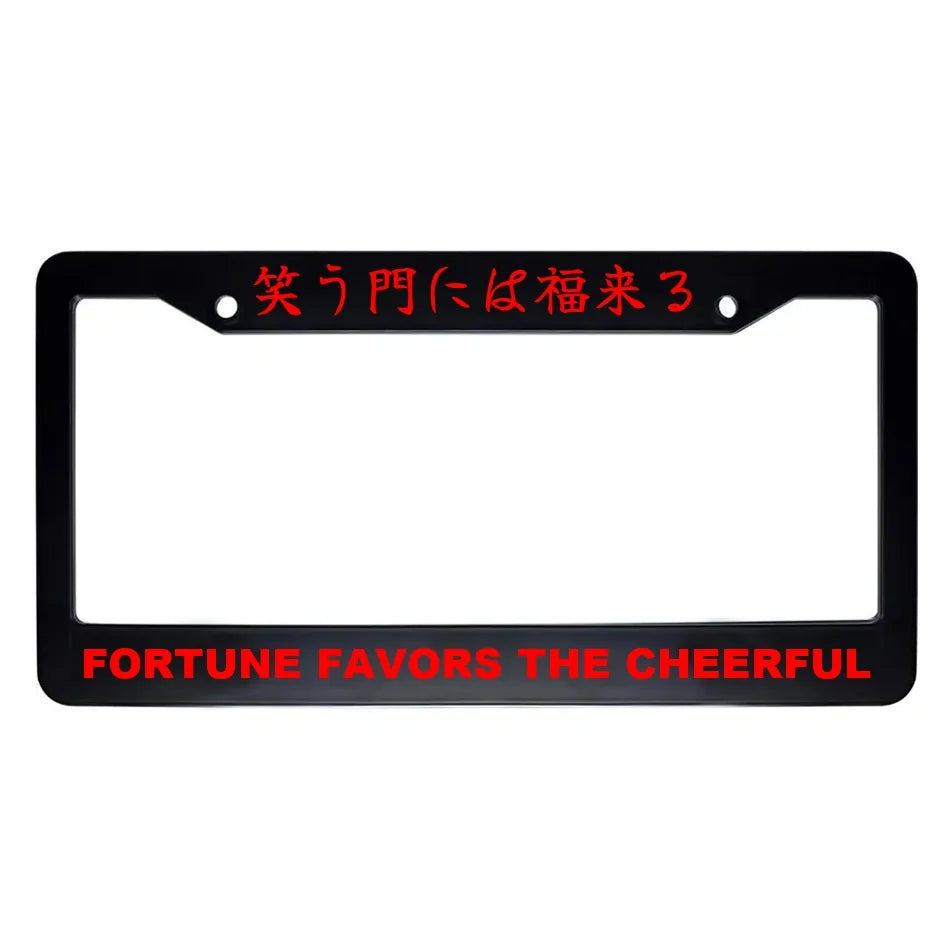 Fortune Favors the Cheerful ABS Black Plastic Kanji Japanese License Plate Frame - Red Text