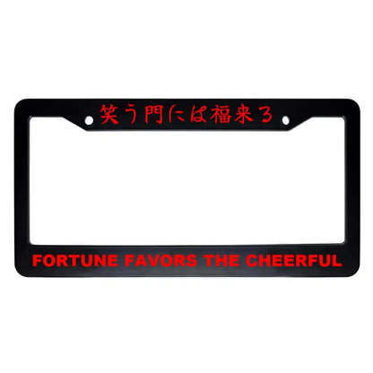 Fortune Favors the Cheerful ABS Black Plastic Kanji Japanese License Plate Frame - Red Text