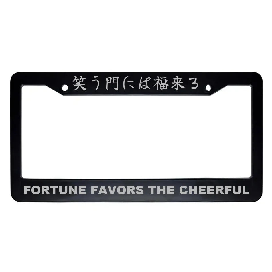 Fortune Favors the Cheerful ABS Black Plastic Kanji Japanese License Plate Frame - Silver Text