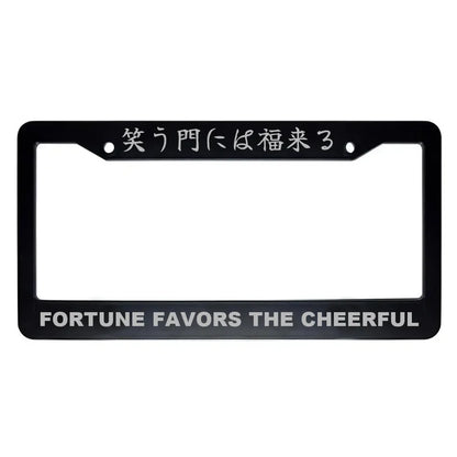 Fortune Favors the Cheerful ABS Black Plastic Kanji Japanese License Plate Frame - Silver Text