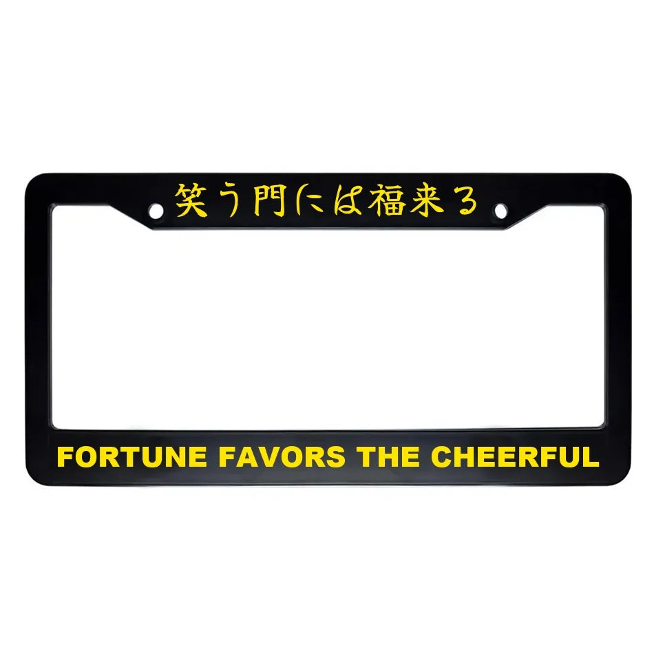 Fortune Favors the Cheerful ABS Black Plastic Kanji Japanese License Plate Frame - Yellow Text