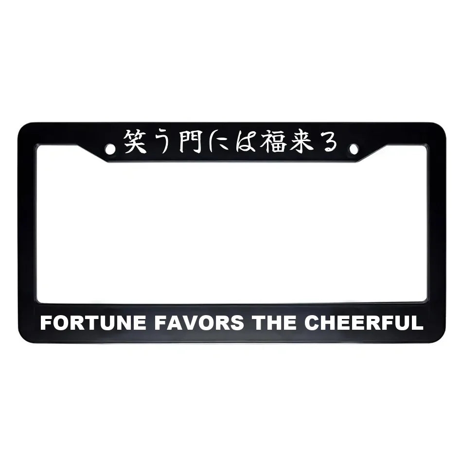 Fortune Favors the Cheerful ABS Black Plastic Kanji Japanese License Plate Frame - White Text