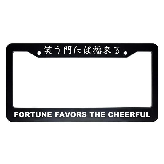 Fortune Favors the Cheerful ABS Black Plastic Kanji Japanese License Plate Frame - White Text