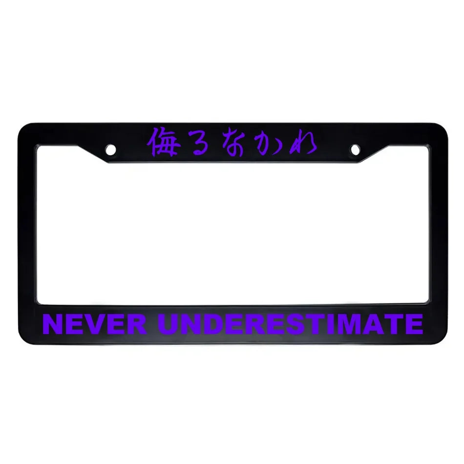 Never Underestimate ABS Black Plastic Kanji Japanese License Plate Frame - Purple Text