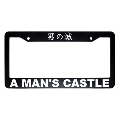 A Man's Castle ABS Black Plastic Kanji Japanese License Plate Frame - White Text