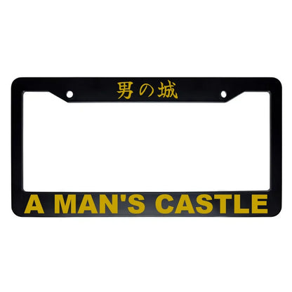 A Man's Castle ABS Black Plastic Kanji Japanese License Plate Frame - Gold Text