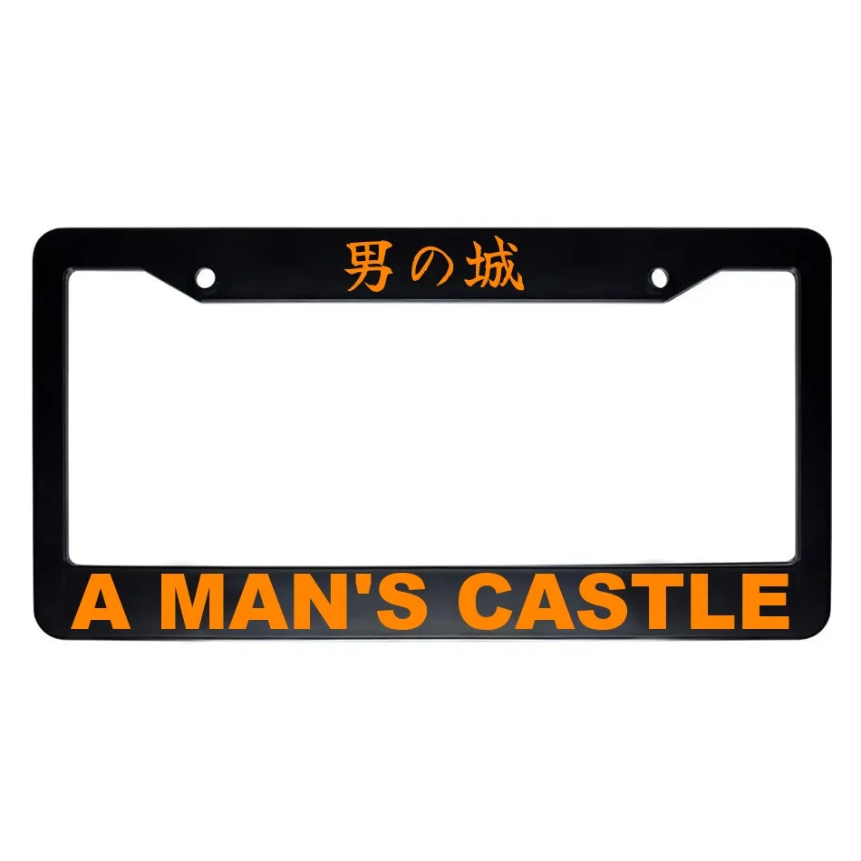 A Man's Castle ABS Black Plastic Kanji Japanese License Plate Frame - Orange Text