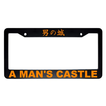 A Man's Castle ABS Black Plastic Kanji Japanese License Plate Frame - Orange Text