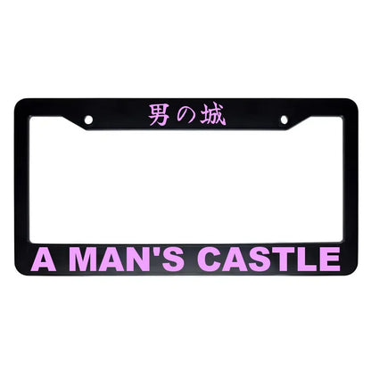 A Man's Castle ABS Black Plastic Kanji Japanese License Plate Frame - Pink Text