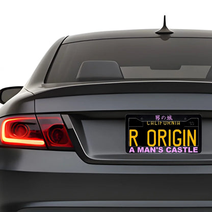 A Man's Castle ABS Black Plastic Kanji Japanese License Plate Frame installed on car - Pink Text