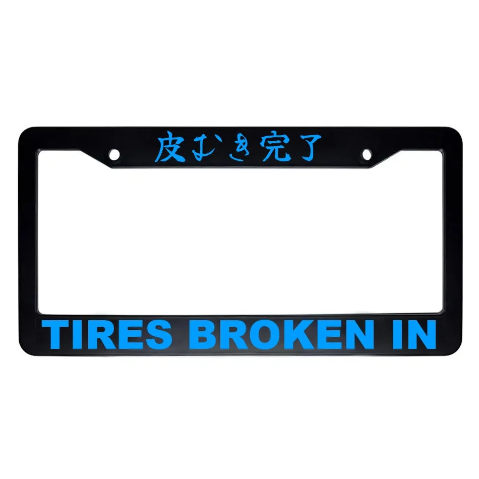 Tires Broken in ABS Black Plastic Kanji Japanese License Plate Frame - Blue Text