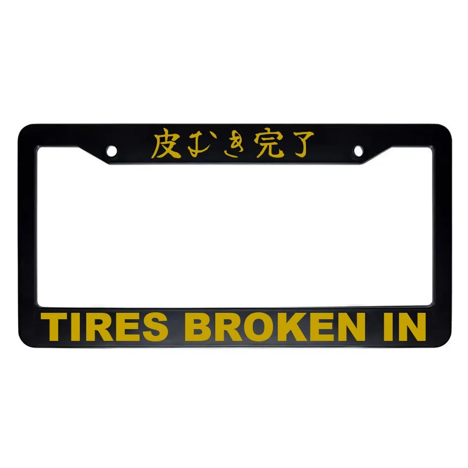 Tires Broken in ABS Black Plastic Kanji Japanese License Plate Frame - Gold Text