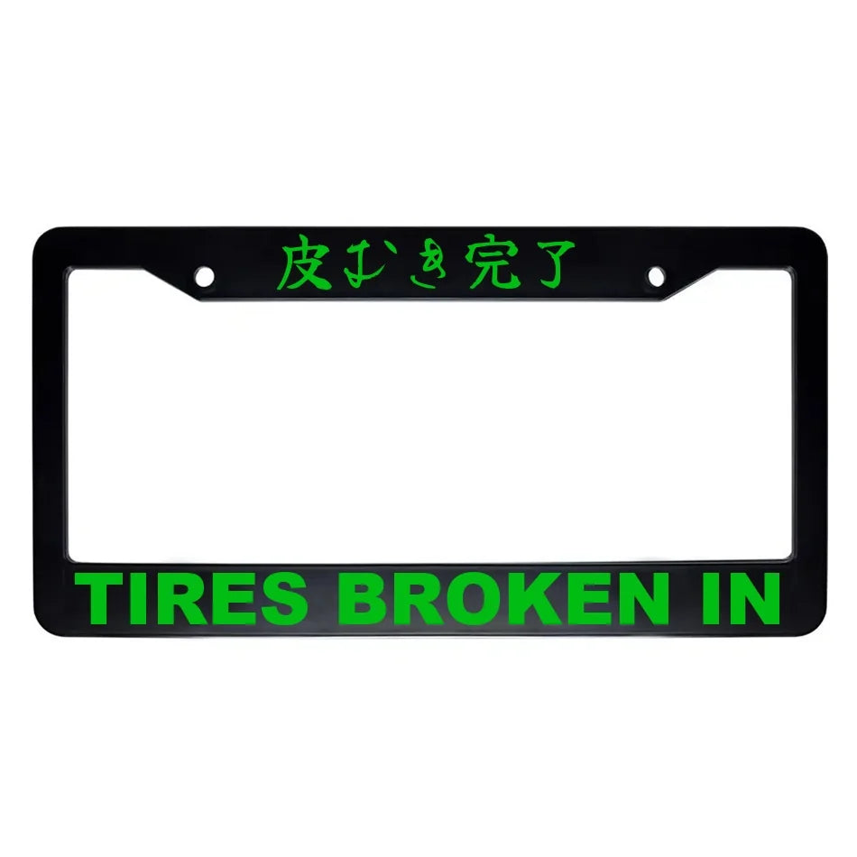 Tires Broken in ABS Black Plastic Kanji Japanese License Plate Frame - Green Text