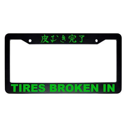 Tires Broken in ABS Black Plastic Kanji Japanese License Plate Frame - Green Text