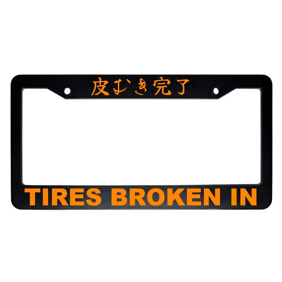 Tires Broken in ABS Black Plastic Kanji Japanese License Plate Frame - Orange Text