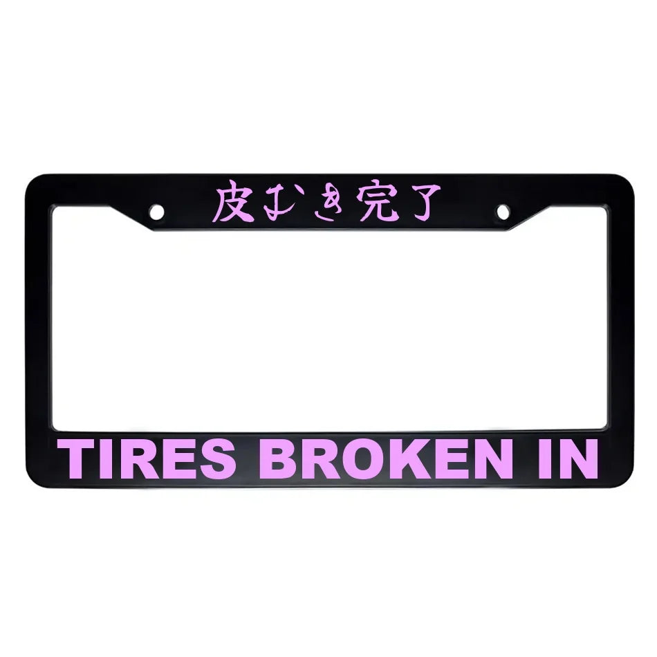 Tires Broken in ABS Black Plastic Kanji Japanese License Plate Frame - Pink Text
