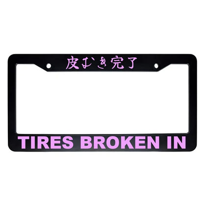 Tires Broken in ABS Black Plastic Kanji Japanese License Plate Frame - Pink Text
