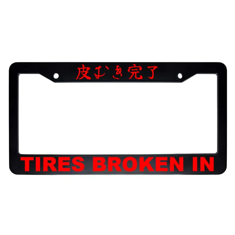 Tires Broken in ABS Black Plastic Kanji Japanese License Plate Frame - Red Text
