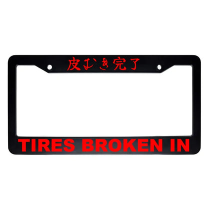 Tires Broken in ABS Black Plastic Kanji Japanese License Plate Frame - Red Text