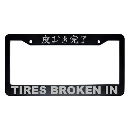 Tires Broken in ABS Black Plastic Kanji Japanese License Plate Frame - Silver Text