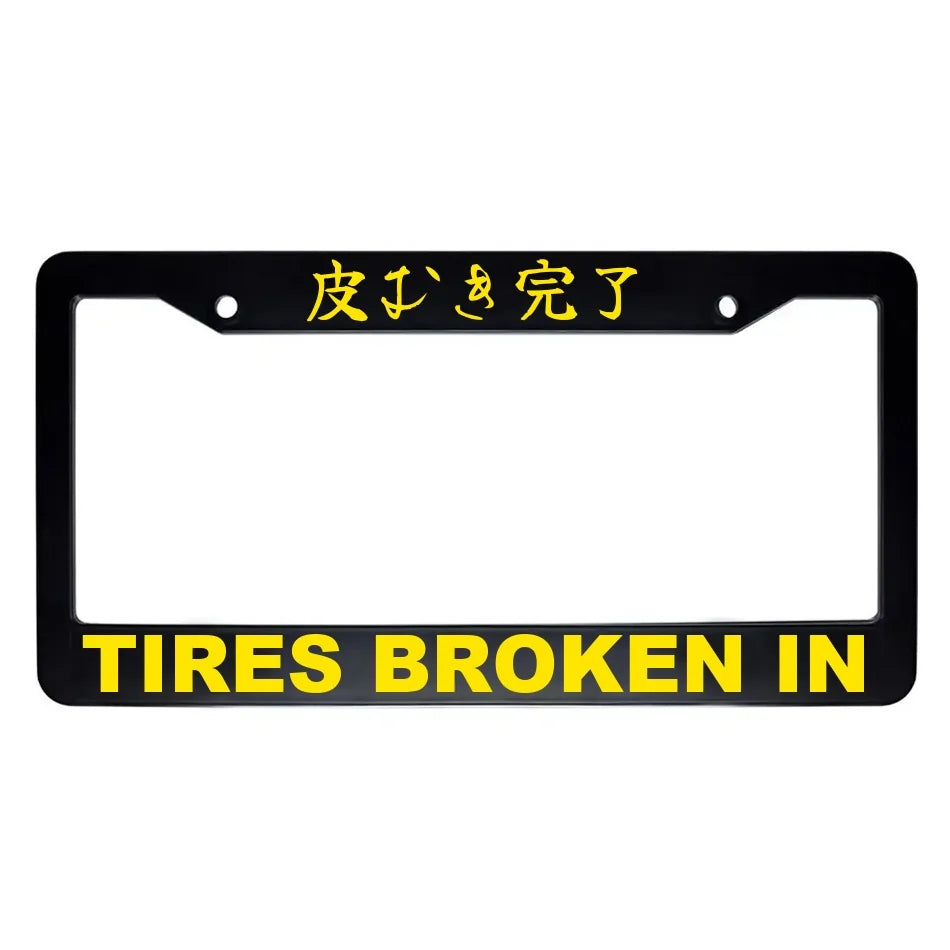Tires Broken in ABS Black Plastic Kanji Japanese License Plate Frame - Yellow Text