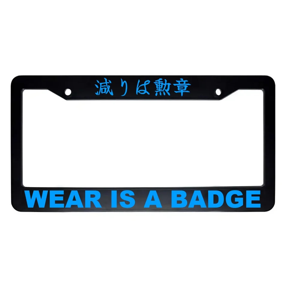 Wear Is a Badge ABS Black Plastic Kanji Japanese License Plate Frame - Blue Text