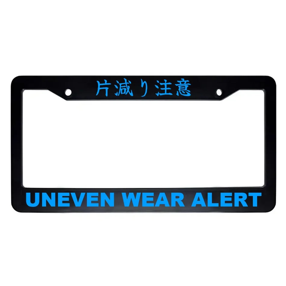 Uneven Wear Alert ABS Black Plastic Kanji Japanese License Plate Frame - Blue Text