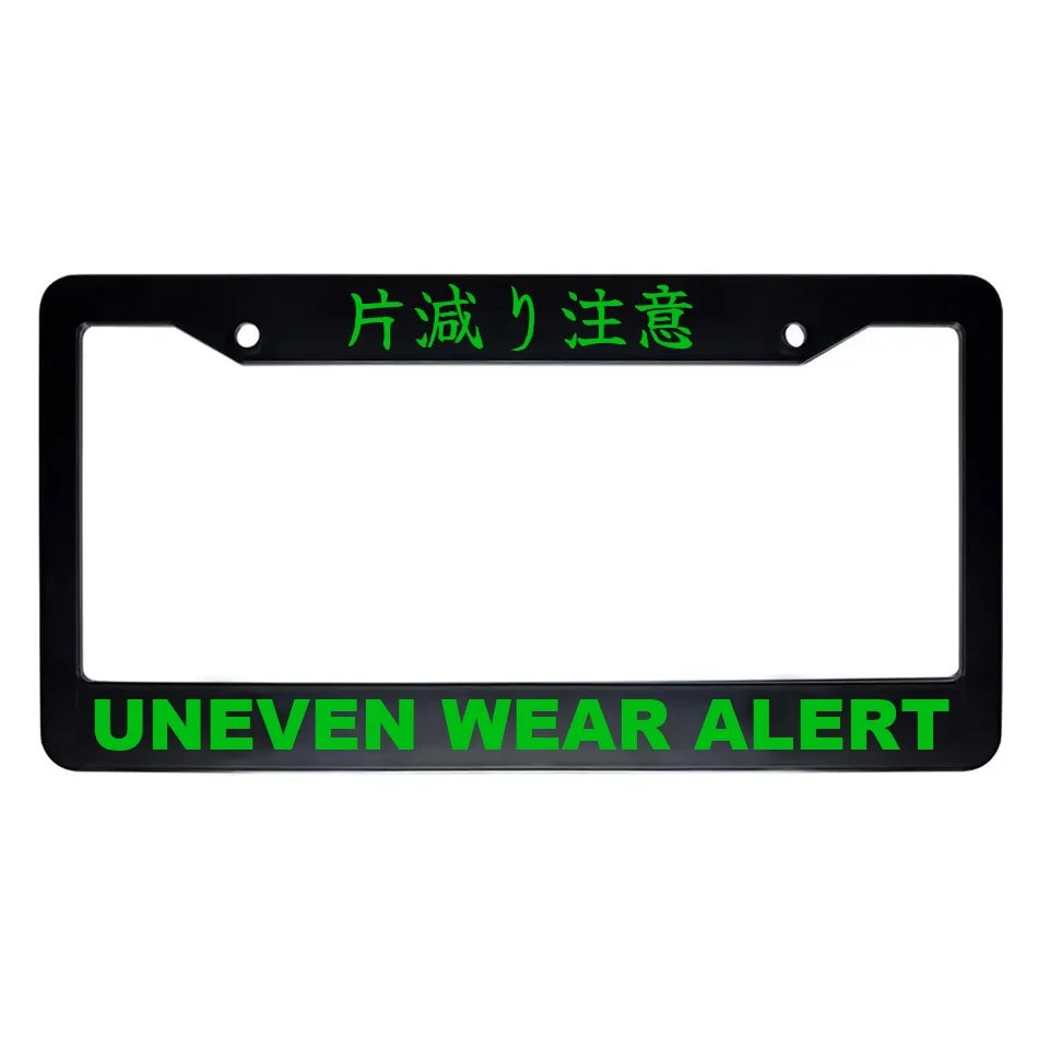 Uneven Wear Alert ABS Black Plastic Kanji Japanese License Plate Frame - Green Text