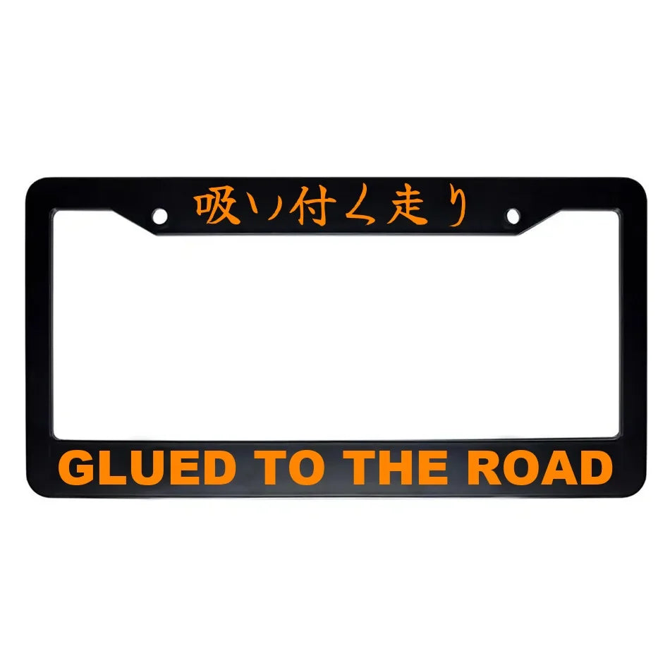 Glued to the Road ABS Black Plastic Kanji Japanese License Plate Frame - Orange Text