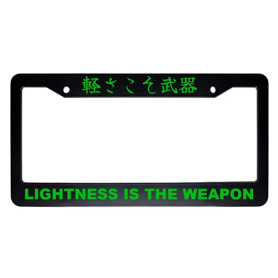 Lightness Is the Weapon ABS Black Plastic Kanji Japanese License Plate Frame - Green Text