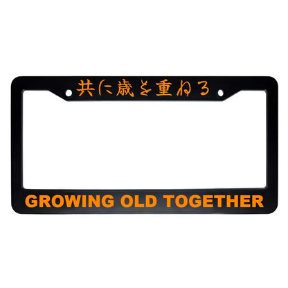Growing Old Together ABS Black Plastic Kanji Japanese License Plate Frame - Orange Text