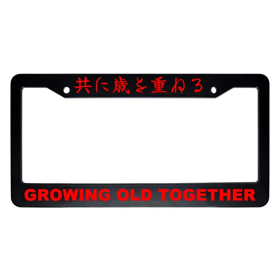 Growing Old Together ABS Black Plastic Kanji Japanese License Plate Frame - Red Text