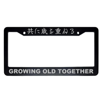 Growing Old Together ABS Black Plastic Kanji Japanese License Plate Frame - Silver Text