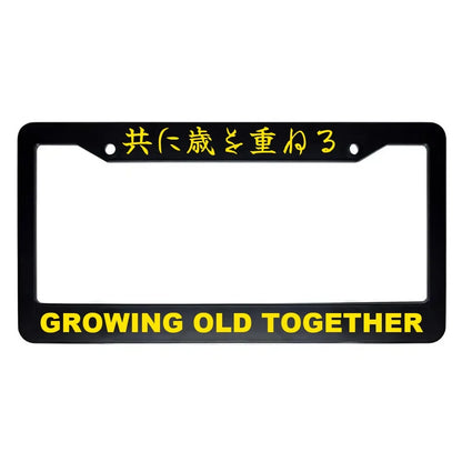 Growing Old Together ABS Black Plastic Kanji Japanese License Plate Frame - Yellow Text