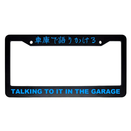Talking to It in the Garage ABS Black Plastic Kanji Japanese License Plate Frame - Blue Text