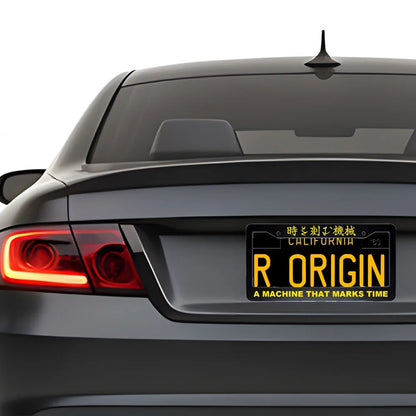 A Machine That Marks Time ABS Black Plastic Kanji Japanese License Plate Frame installed on car - Yellow Text