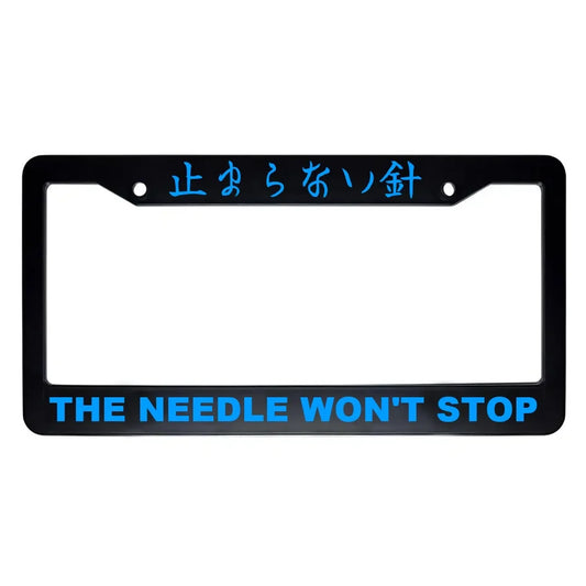 The Needle Won't Stop ABS Black Plastic Kanji Japanese License Plate Frame - Blue Text