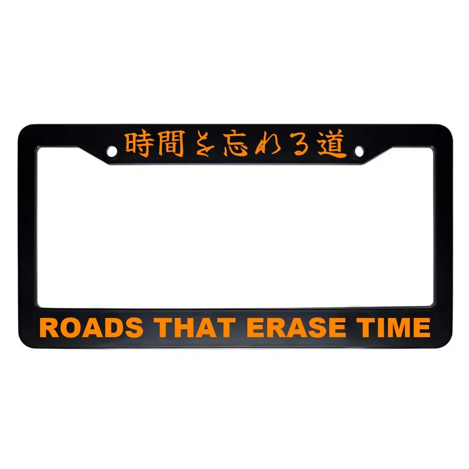 Roads That Erase Time ABS Black Plastic Kanji Japanese License Plate Frame - Orange Text