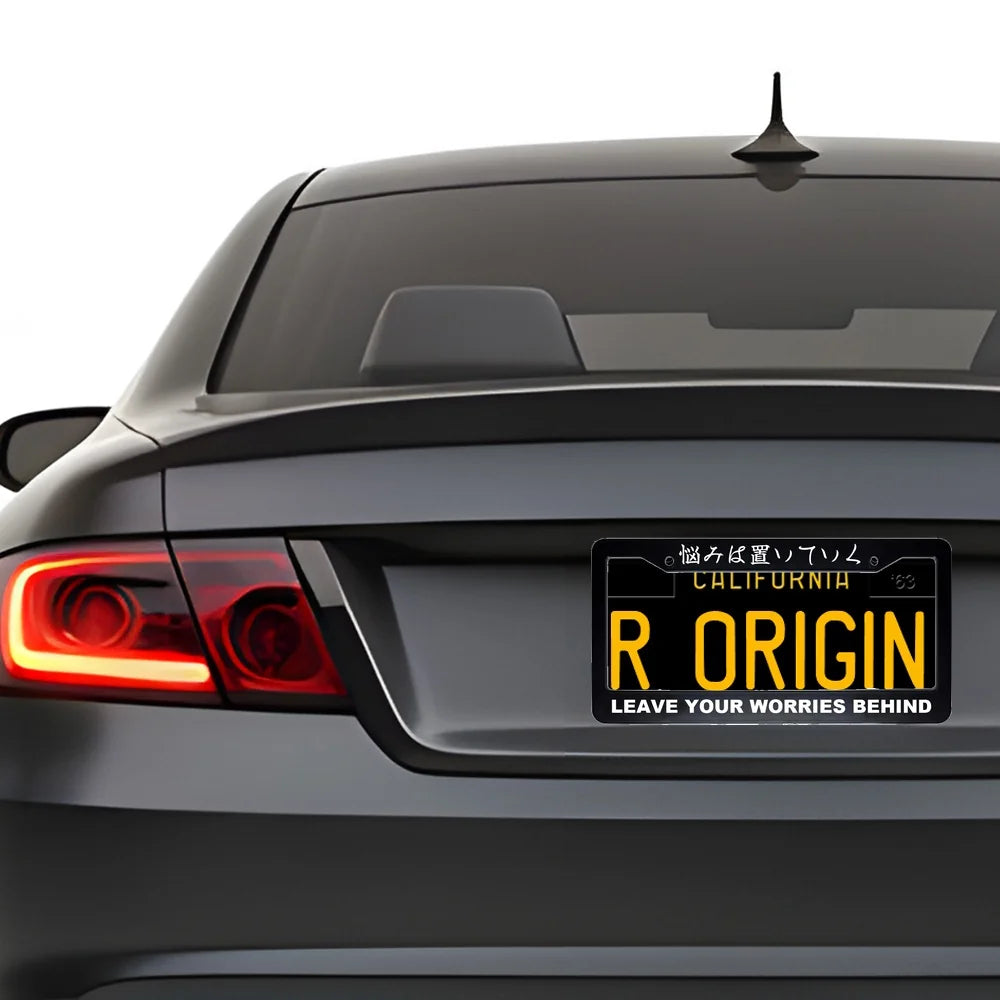 Leave Your Worries Behind ABS Black Plastic Kanji Japanese License Plate Frame installed on car - White Text