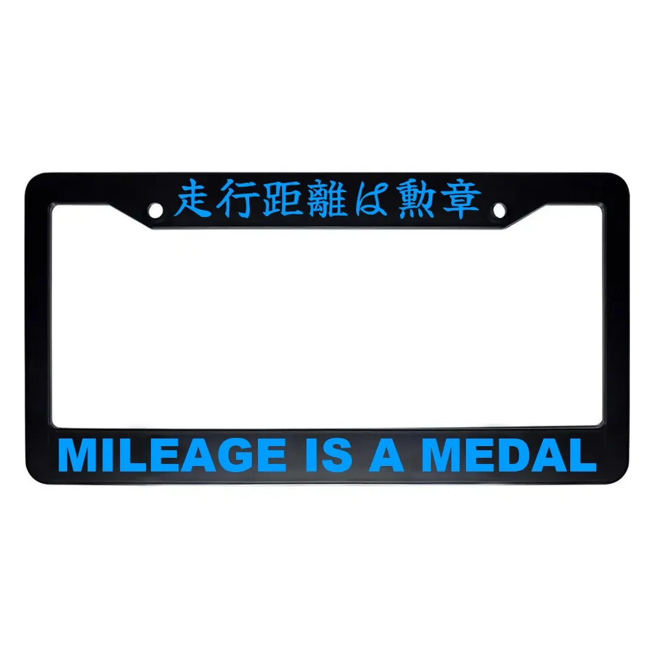 Mileage Is a Medal ABS Black Plastic Kanji Japanese License Plate Frame - Blue Text