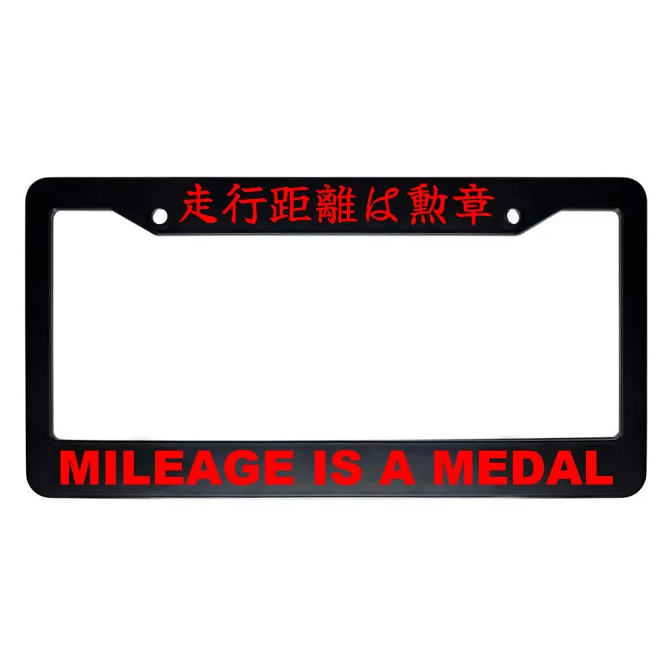 Mileage Is a Medal ABS Black Plastic Kanji Japanese License Plate Frame - Red Text