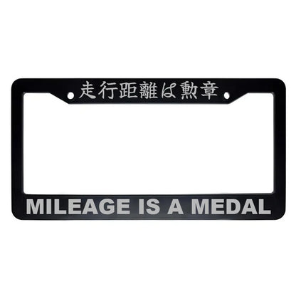 Mileage Is a Medal ABS Black Plastic Kanji Japanese License Plate Frame - Silver Text